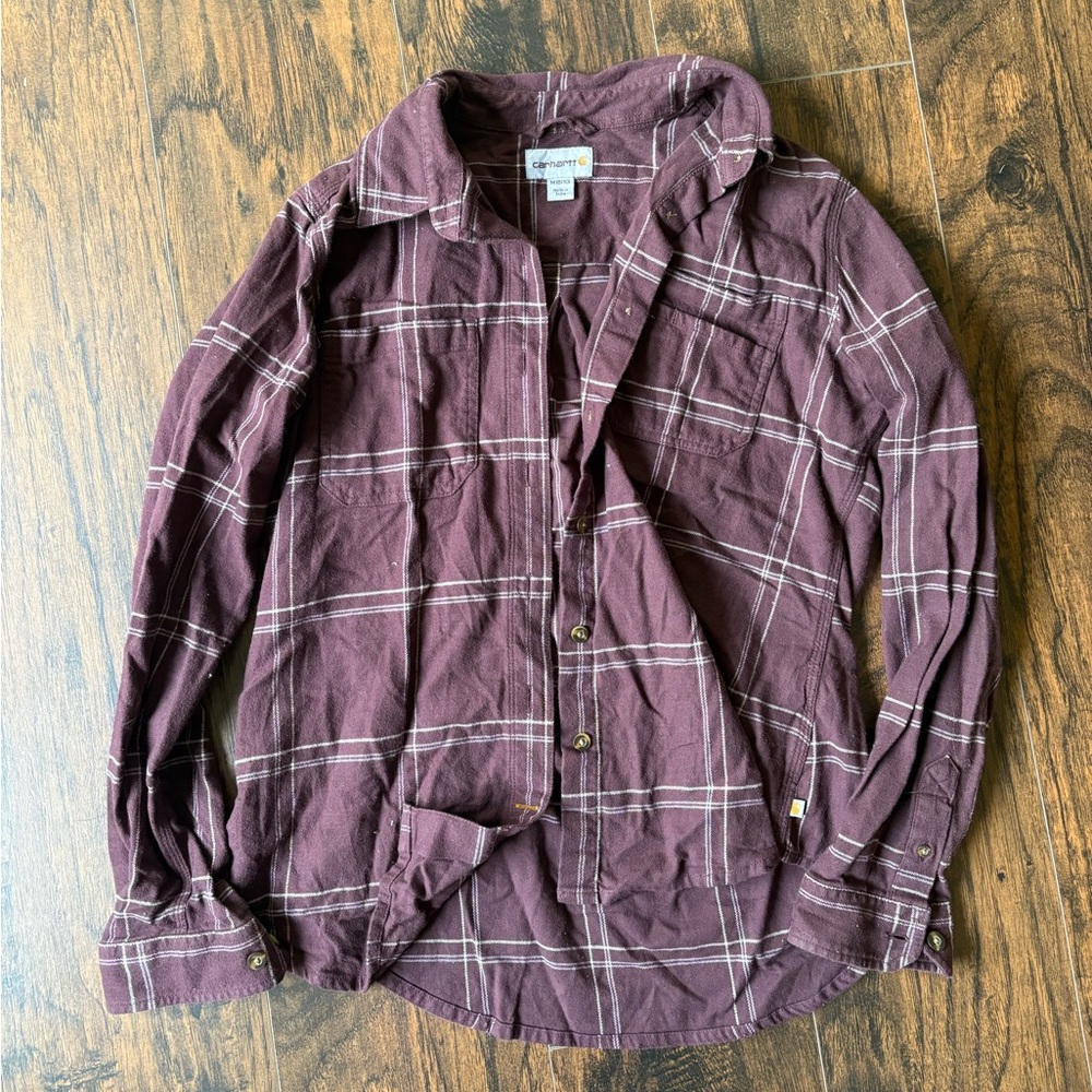 Carhartt Women’s Casual Button Down Flannel Shirt- Dark Maroon Plaid